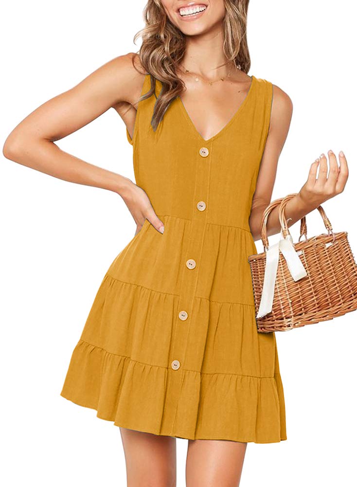 MITILLY Women's Summer Sleeveless V Neck Button Down Casual Pocket Swing Short Dress Small Mustard Yellow - Image 1